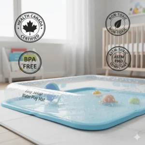 Easy setup water play mat showcasing safety certifications compliant with Health Canada regulations.