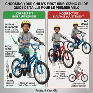 Sizing chart for a first bike for a 6 year old showing proper seat height and leg extension.