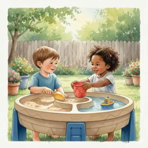 Two 3-year-old children sharing toys and learning social cooperation at a large water table.