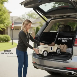 Illustration of a compact ride on car with parent handle being stored in a car trunk for a family road trip.