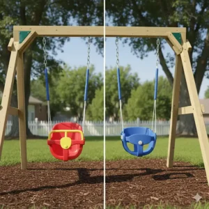 A 2-in-1 convertible swing seat transitioning from a secure toddler T-bar to a standard preschooler belt swing.