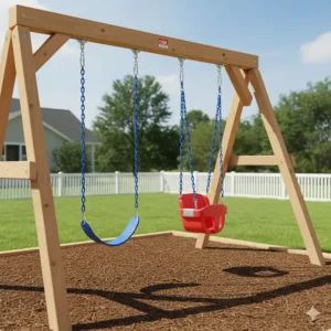 Illustration showing a CSA-compliant swing set for preschoolers with rounded edges and soft-grip chains for safety.