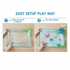 Step-by-step guide for easy setup water play mat showing air valve and water fill port.