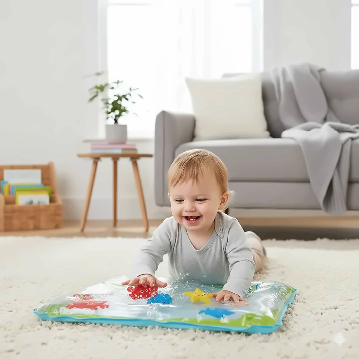 A Canadian toddler enjoying an easy setup water play mat on a living room rug, featuring colorful floating sea creatures.