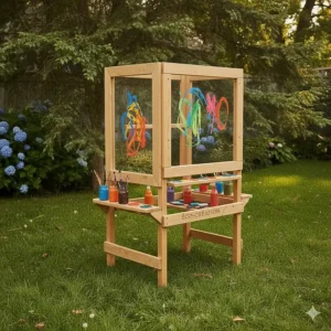 A sustainable Canadian red cedar outdoor art station for kids equipped with recycled art supplies.