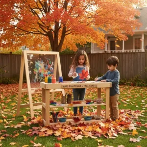 Kids crafting with maple leaves at an outdoor art station for kids during a Canadian autumn.
