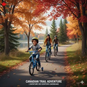 A 6 year old riding their first bike on a multi-use trail during a Canadian autumn.