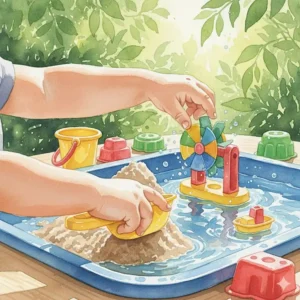 Close-up illustration of a child’s hands using a scoop and water wheel on a sand and water table.