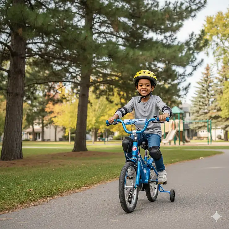 A 6 year old child wearing a safety helmet sitting on their first pedal bike in a Canadian suburban park.