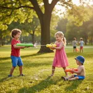 Preschoolers having a friendly water fight with soft foam water blasters in a sun-drenched Canadian public park.
