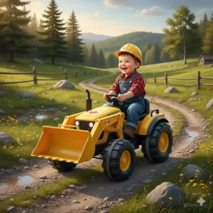 A heavy-duty toy tractor navigating a gravel path, showcasing durable outdoor ride-on toys for rugged terrain.