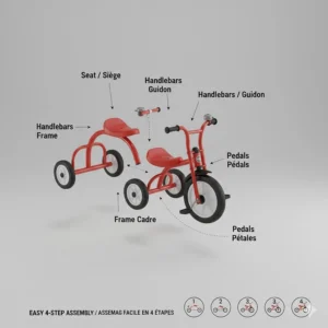 Step-by-step graphic showing the easy assembly of a metal frame tricycle for 3 year olds.