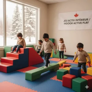 Soft-play climbing blocks and balance beams for preschoolers, ideal for active play during Canadian winters.