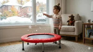 A colorful illustration of a safe mini trampoline used for indoor active play during a snowy Canadian winter.