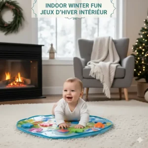 An easy setup water play mat used indoors, providing a mess-free "summer" activity for Canadian babies during winter.