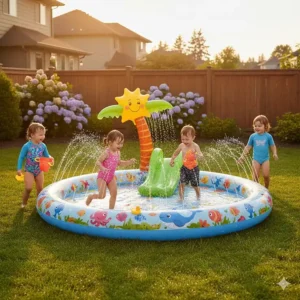 Preschoolers playing in an inflatable splash pad with a palm tree sprinkler, a popular summer water toy for Canadian heatwaves.