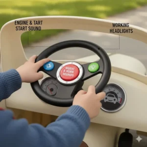 Close-up illustration of the musical steering wheel and buttons on a ride on car for toddlers with parent handle.