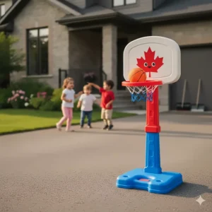 A height-adjustable basketball hoop for toddlers, perfect for Canadian driveways or basement playrooms.