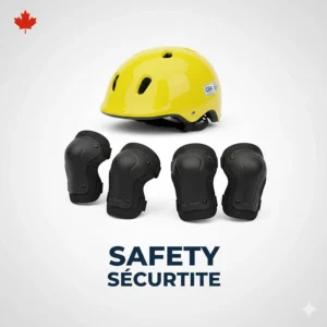 Essential safety gear for a child's first bike including a CSA-certified helmet and knee pads.