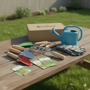 Illustration showing an 18-month-old developing balance and motor skills on a colorful Canadian-themed ride-on toy.