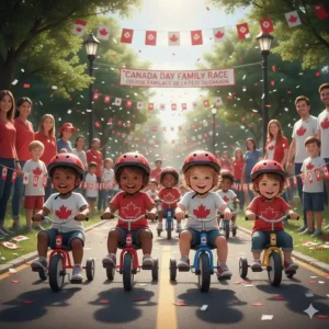 Illustration of diverse Canadian children having a tricycle race during a community Canada Day event.