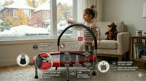 Illustration of a mini trampoline with an adjustable, foam-padded handlebar to keep young kids safe while jumping.