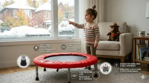 Detailed view of non-slip rubber feet on a mini trampoline ensuring stability on hardwood floors for toddlers.