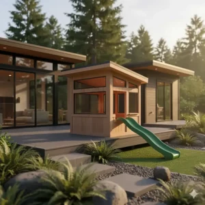 A modern, West Coast style outdoor playhouse for toddlers that matches a contemporary home exterior.