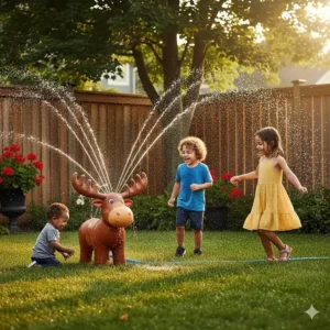 A fun moose-shaped water sprinkler toy spraying water for preschoolers in a green backyard, adding a Canadian touch to summer.