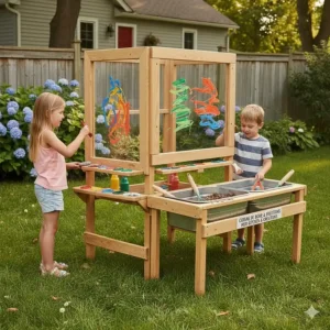 A versatile outdoor art station for kids that combines a painting surface with a nature-based mud kitchen.