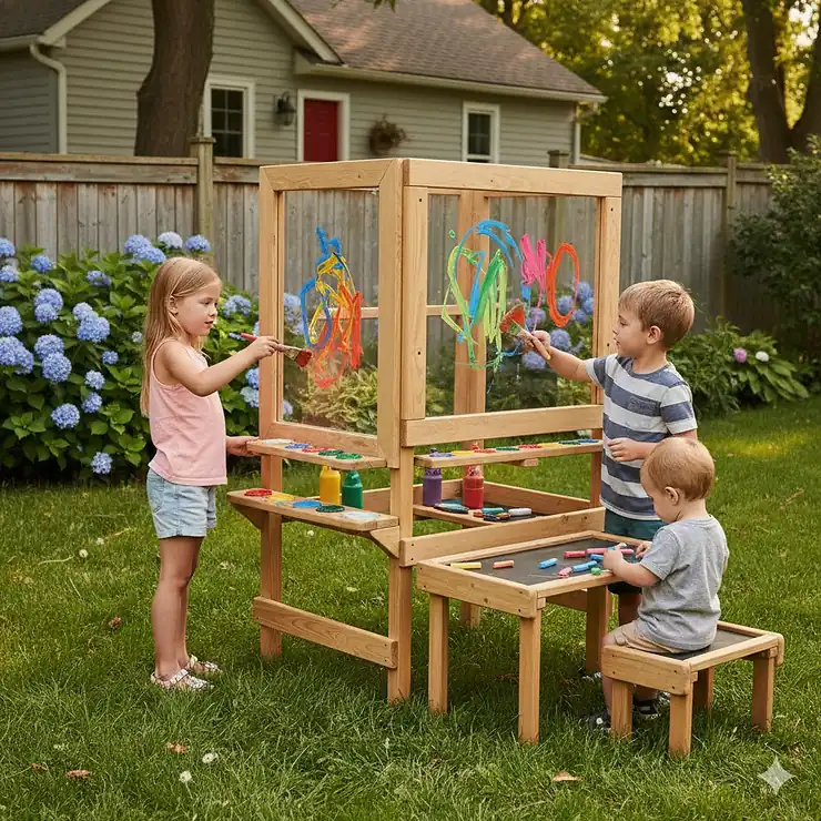 A group of children using a wooden outdoor art station for kids in a lush Canadian backyard during summer.