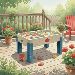 Illustration of a sand and water table set up on a Canadian patio alongside a maple leaf motif.