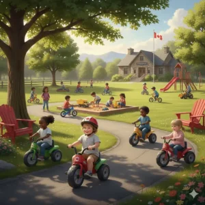 Group of children playing with various durable outdoor ride-on toys at a local community park in Canada.