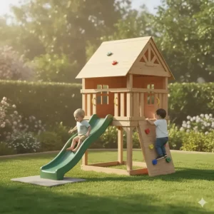 Toddlers using a slide and climbing wall attached to a multi-functional outdoor playhouse.