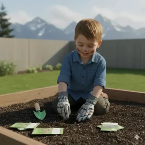 A diagram highlighting safety features like stable wheels and handles on a ride-on toy for 18-month-olds, meeting Canadian safety standards.