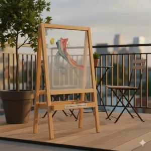 A compact, foldable outdoor art station for kids suitable for Canadian balcony or patio spaces.