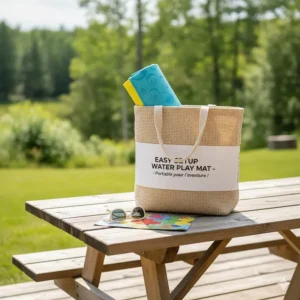 Lightweight, folded easy setup water play mat perfect for family trips across Canada or to the cottage.