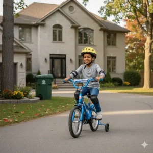 A 6 year old boy practicing riding his first bike on a paved driveway in Ontario.
