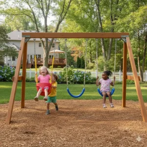 Two preschoolers playing together on a double swing set, promoting social interaction and sharing.