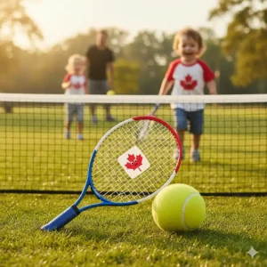 A lightweight, short-handled tennis racket and felt ball for beginners aged 3 to 5.