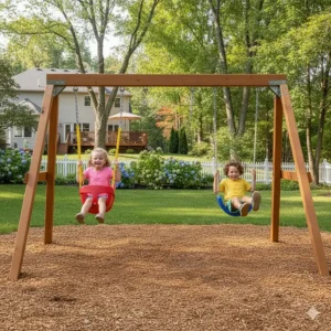 A preschooler using a swing set to develop gross motor skills and coordination in a home playground setting.