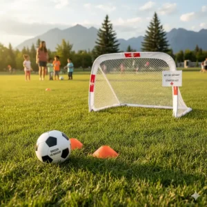 Beginner soccer gear for kids including a size 3 ball and pop-up net, labeled in English and French.