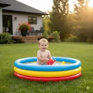 A toddler smiling in a colorful inflatable wading pool (pataugeoire), an essential summer water toy for young kids in Canada.