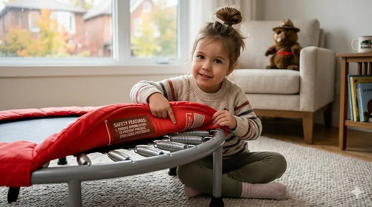 Illustration of a mini trampoline for young kids featuring thick safety padding over springs to prevent pinches.