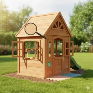 A detailed illustration showing smooth edges and non-toxic materials on an outdoor playhouse for toddlers.