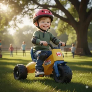 A child wearing a helmet on a stable, durable outdoor ride-on toy, emphasizing Canadian safety standards.