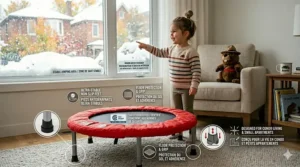 Graphic showing Safety Tested and Sécurité Testée labels for a Canadian-compliant mini trampoline for young kids.