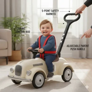 Illustration of a toddler ride on car with parent handle showing safety harness and adjustable push bar.