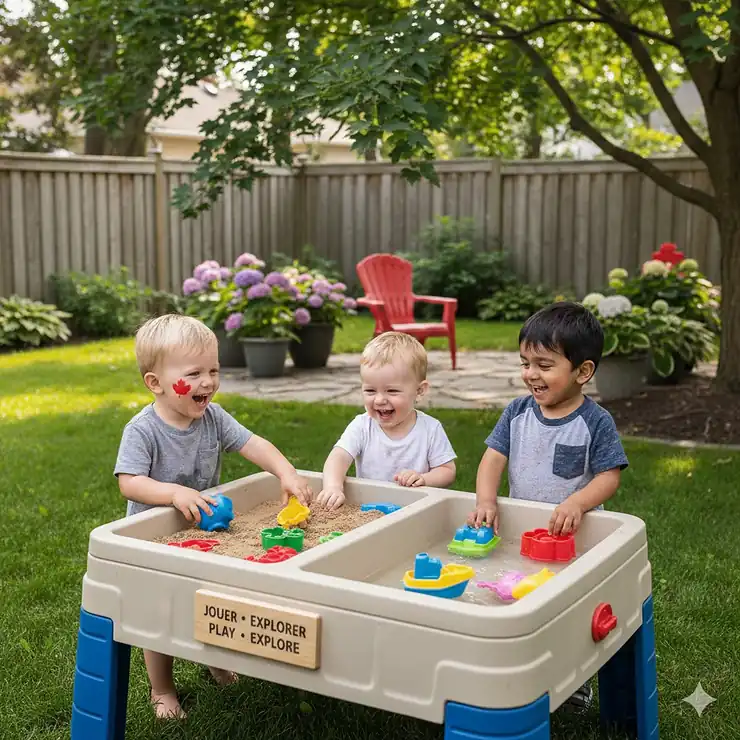 A group of diverse toddlers playing with a sand and water table in a grassy Canadian backyard during summer. sand and water table for 3 year olds