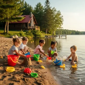 Young children using sand and water play toys to build castles on a sandy beach in front of a classic Canadian lakeside cottage.